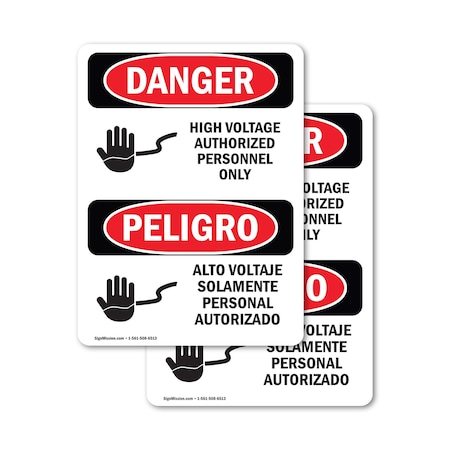 Signmission High Voltage Authorized Personnel Bilingual Danger Sign, Vinyl Decal, 3.5in W x 5in L, 2PK OS-2PACK-DS-D-35-VS-1340